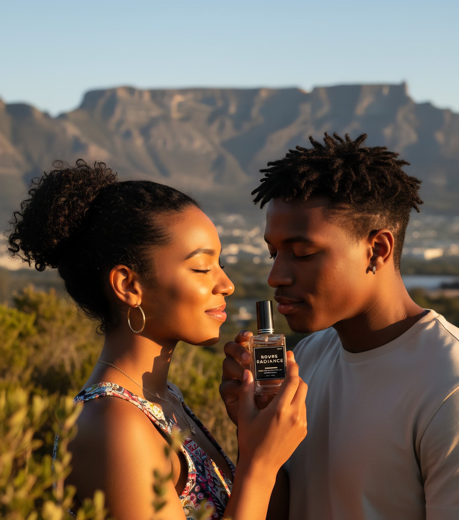A young couple holding and smelling a bottle of "Rouge radiance by Fine Fragrances on Kromboom" perfume