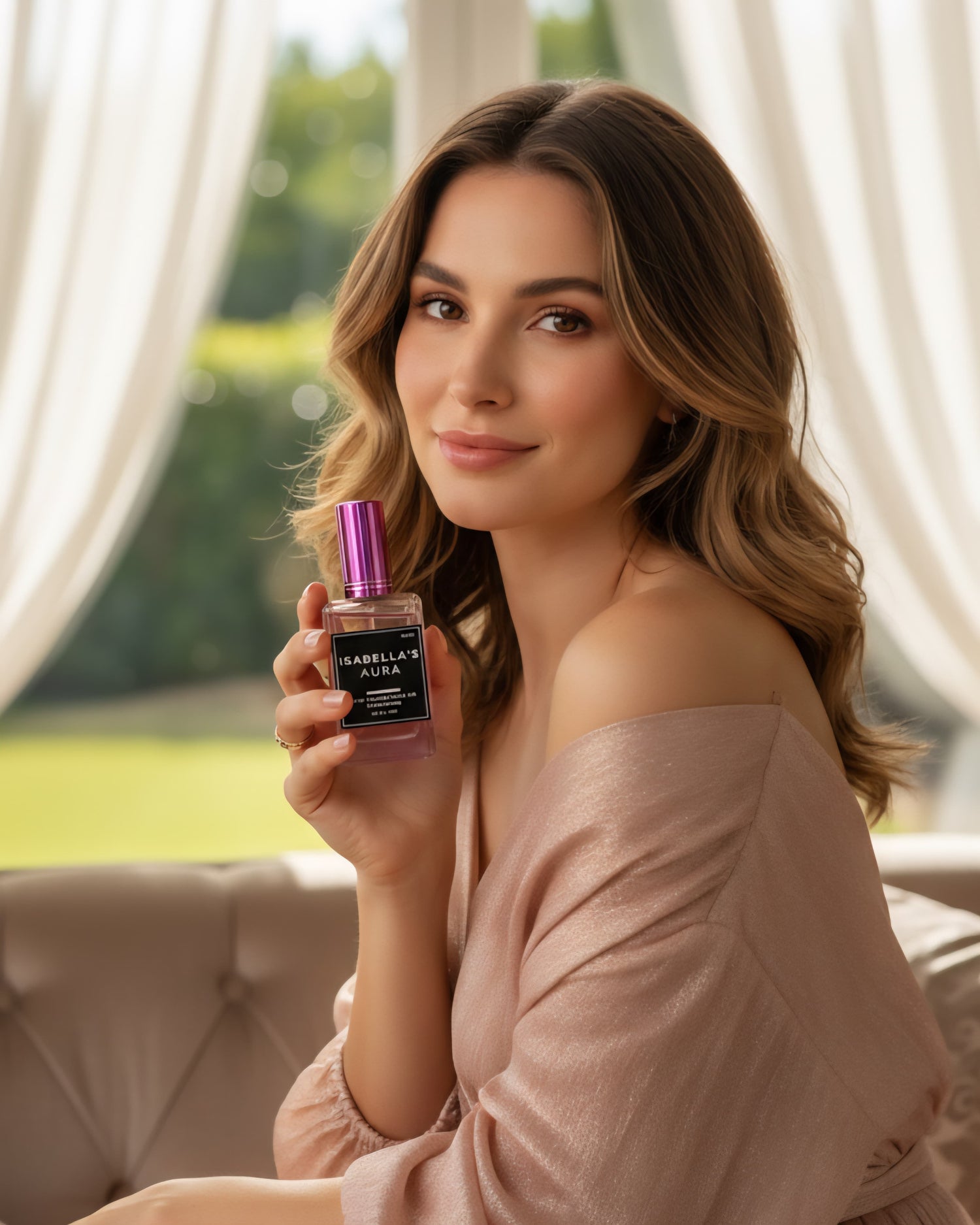 A young woman holds a bottle of "Isabella's Aura from Fine Fragrances on Kromboom" perfume.