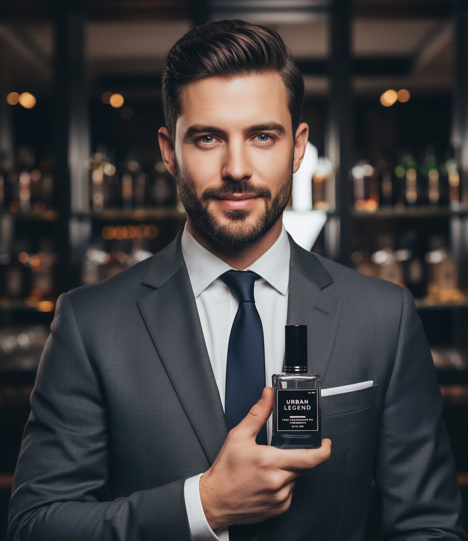 A young man holding a bottle of "Urban Legend by Fine Fragrances on Kromboom" perfume