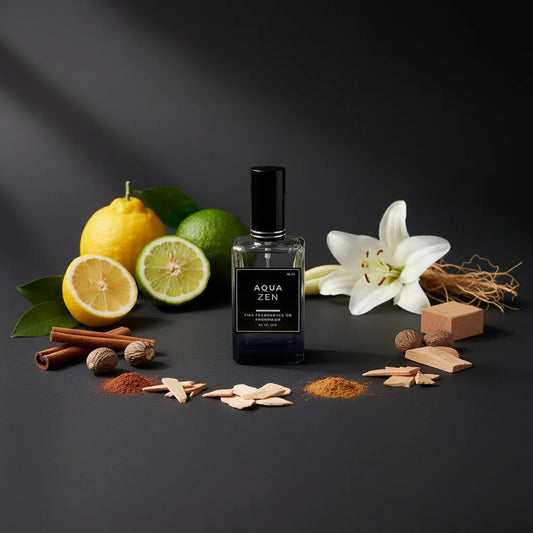 Perfume bottle labeled 'Aqua Zen' surrounded by lemons, limes, cinnamon sticks, and flowers on a dark background