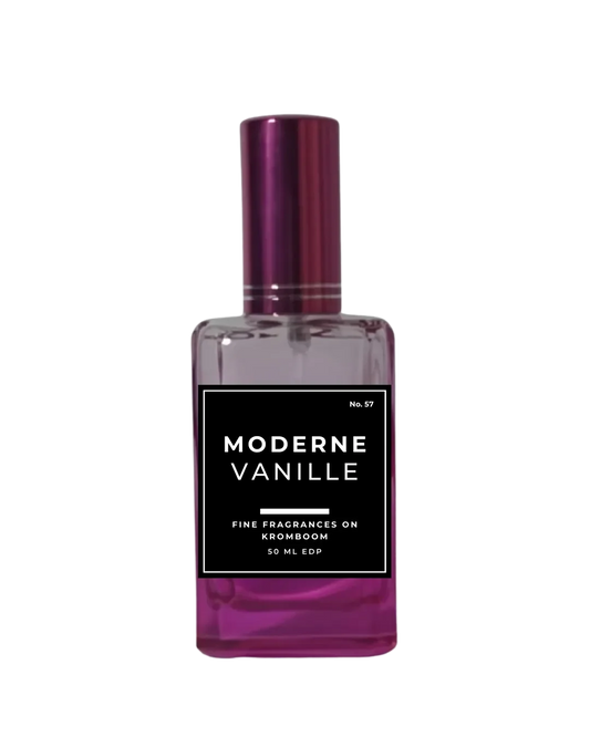 Perfume bottle labeled 'Moderne Vanille' on a white background by Fine Fragrances on Kromboom