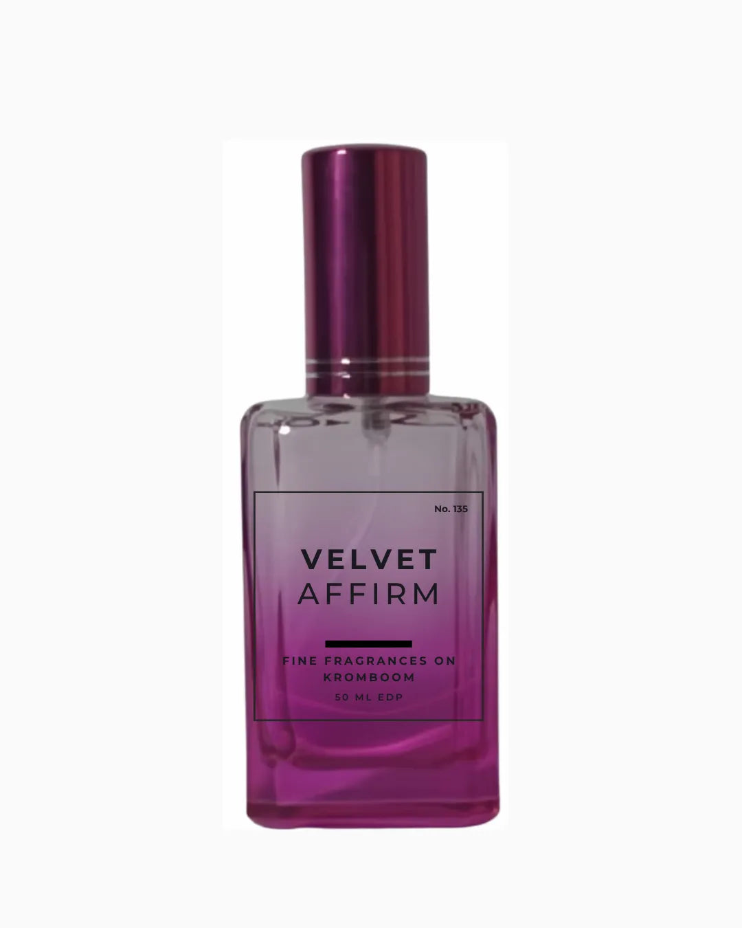 Pink perfume bottle labeled 'Velvet Affirm, Fine Fragrances on Kromboom 50ml EDP' on a white background