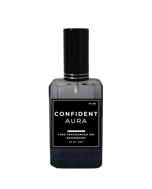 Perfume bottle labeled 'Confident Aura' on a white background by Fine fragrances on Kromboom