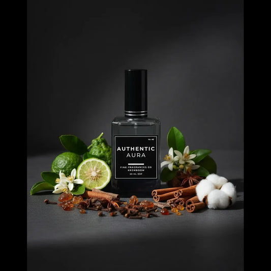 Perfume bottle labeled 'Authentic Aura' surrounded by lime, flowers, and spices on a dark background