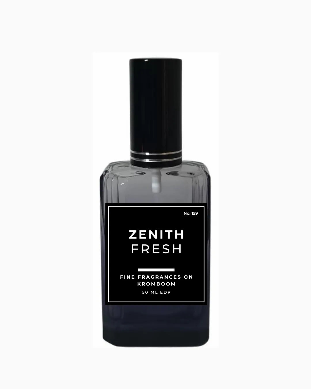Perfume bottle labeled 'Zenith Fresh Fine Fragrances on Kromboom 50ml EDP' on a white background