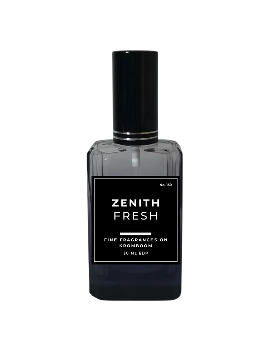 Perfume bottle labeled 'Zenith Fresh' on a white background by Fine Fragrances on Kromboom