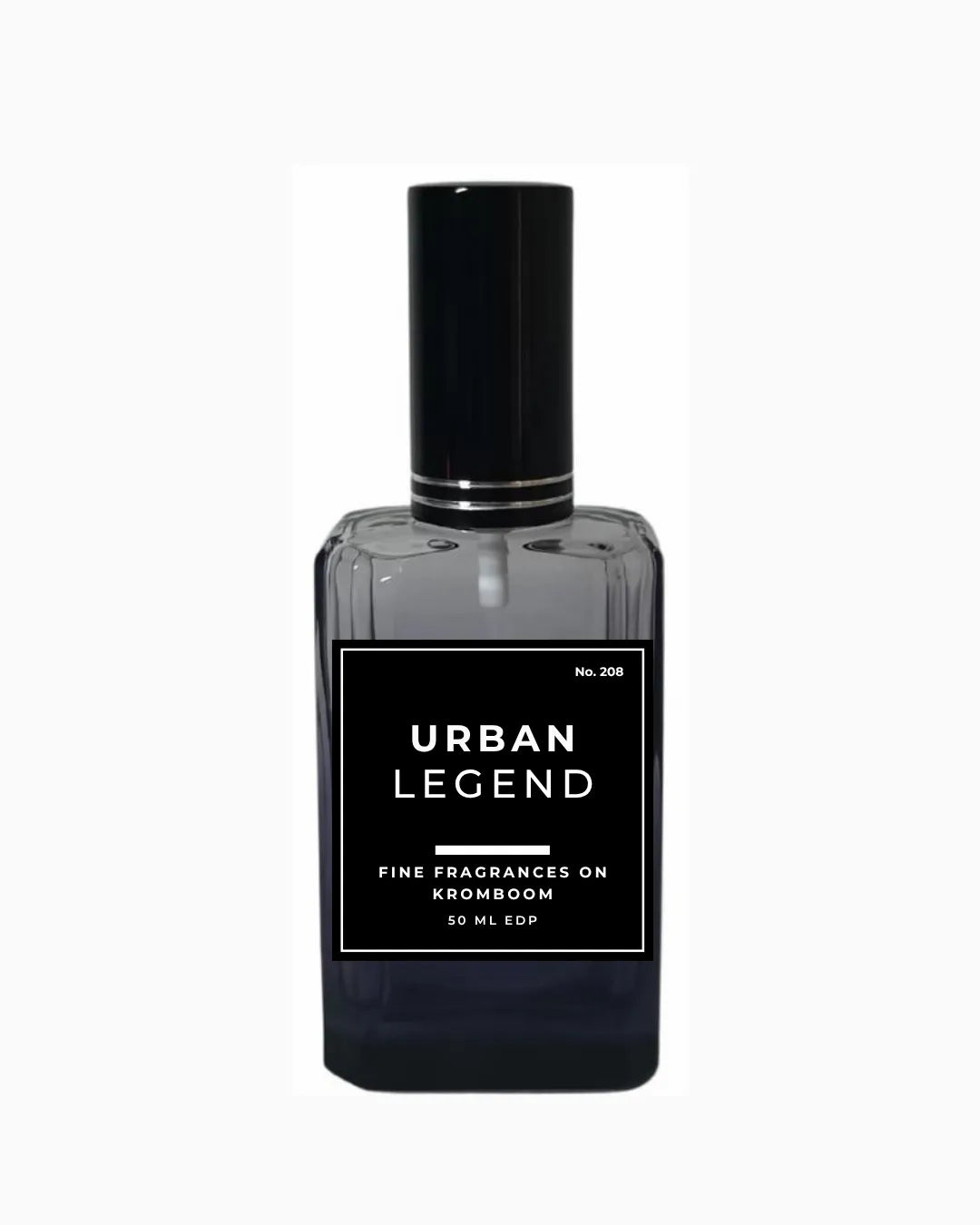 Perfume bottle labeled 'Urban Legend, Fine Fragrances on Kromboom 50ml EDP' on a white background