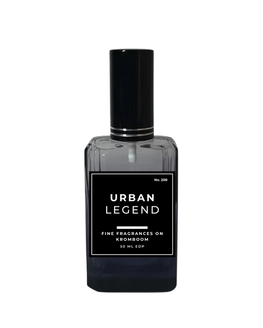 Perfume bottle labeled 'Urban Legend' on a white background by Fine Fragrances on Kromboom