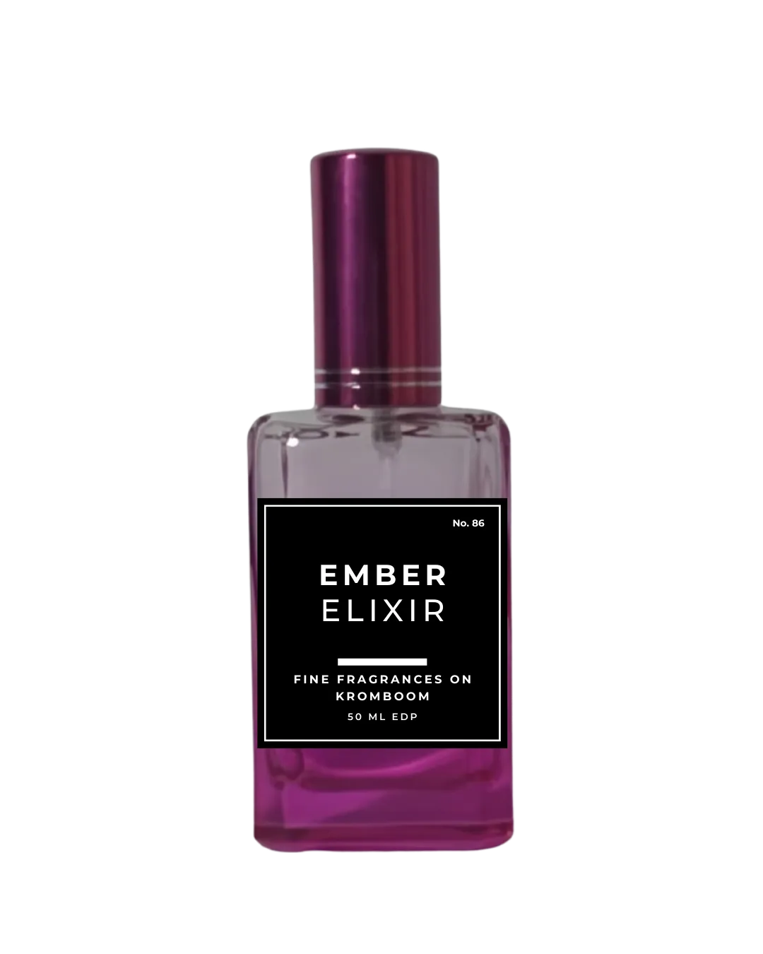 Perfume bottle labeled 'Ember Elixir' on a white background by fine fragrances on kromboom