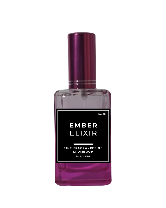 Perfume bottle labeled 'Ember Elixir' on a white background by fine fragrances on kromboom