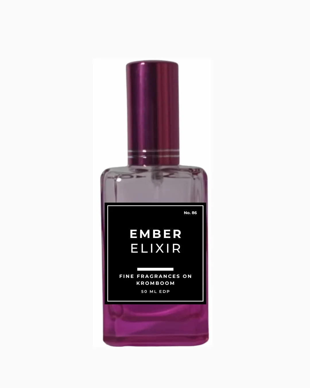 Perfume bottle labeled 'Ember Elixir' on a white background