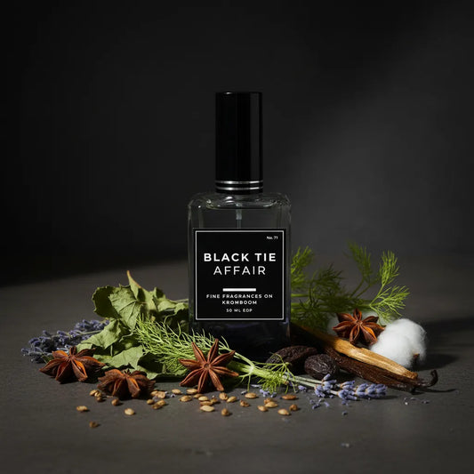 Perfume bottle labeled 'Black Tie Affair' surrounded by herbs and spices on a dark background