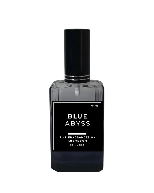 Perfume bottle labeled 'Blue Abyss' on a white background by Fine Fragrances on Kromboom