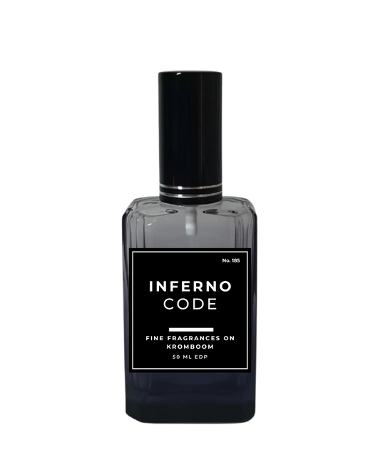 Perfume bottle labeled 'Inferno Code' on a white background by Fine Fragrances on Kromboom