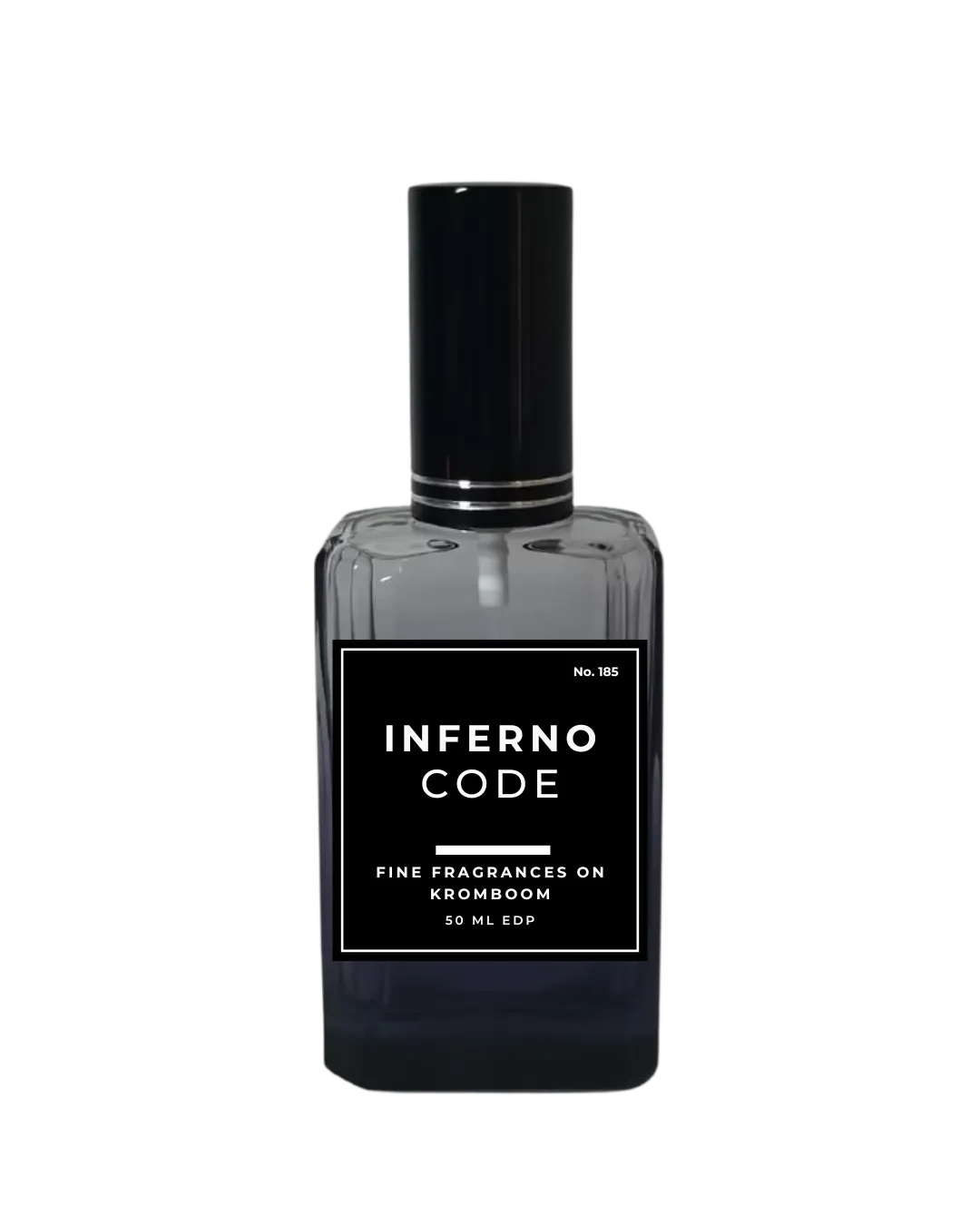 Perfume bottle labeled 'Inferno Code' on a white background by Fine Fragrances on Kromboom