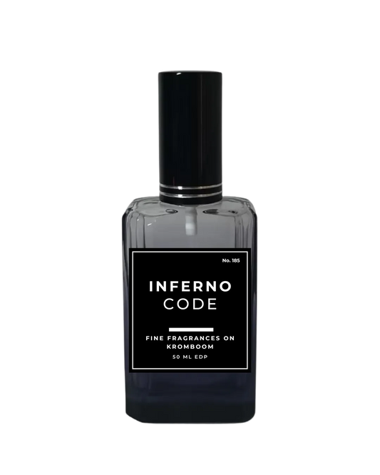 Perfume bottle labeled 'Inferno Code' on a white background by Fine Fragrances on Kromboom