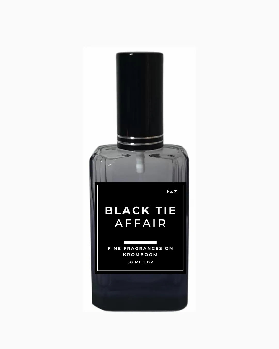 Perfume bottle labeled 'Black Tie Affair, Fine Fragrances on Kromboom 50ml EDP' on a white background