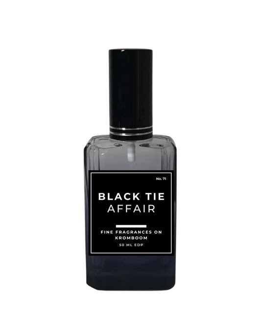 Perfume bottle labeled 'Black Tie Affair' on a white background by Fine Fragrances on Kromboom