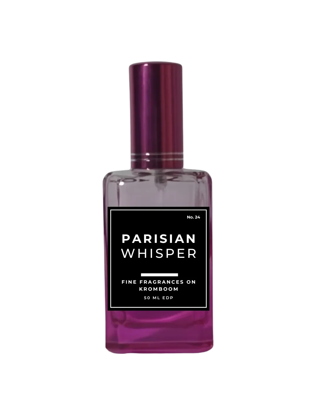 Perfume bottle labeled 'Parisian Whisper' on a white background by Fine Fragrances on Kromboom