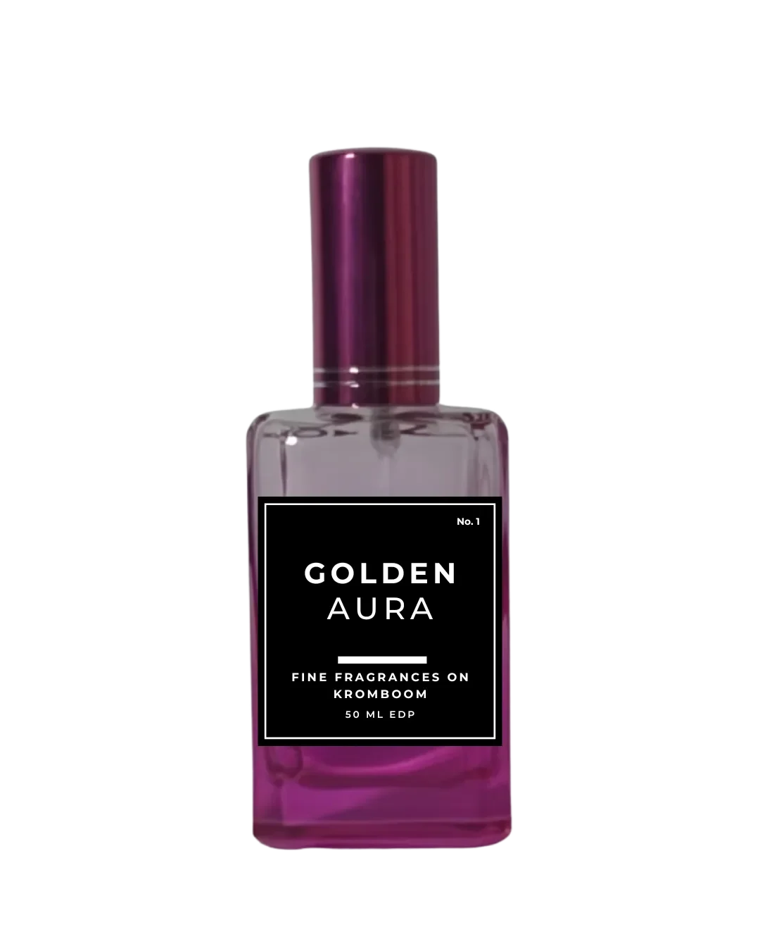 Perfume bottle with 'Golden Aura' label on a white background by Fine Fragrances on Kromboom