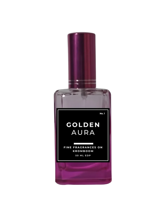 Perfume bottle with 'Golden Aura' label on a white background by Fine Fragrances on Kromboom