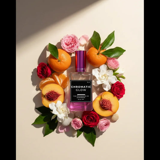 Perfume bottle labeled 'Chromatic Glow' surrounded by fruits and flowers on a beige background