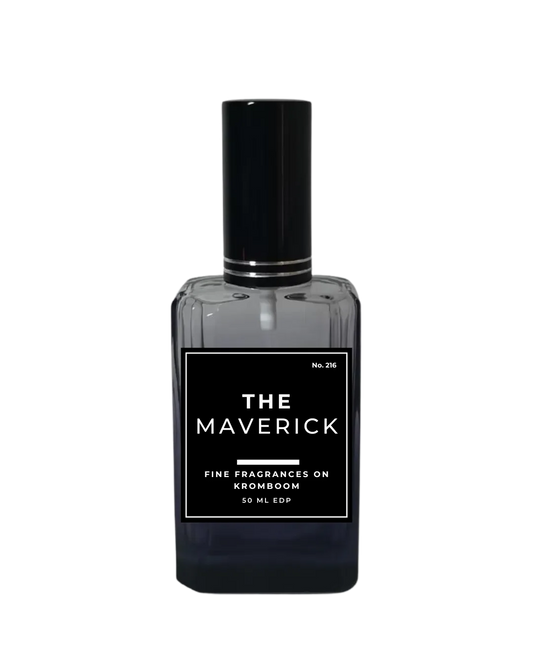 Perfume bottle labeled 'The Maverick' on a white background by Fine Fragrances on Kromboom