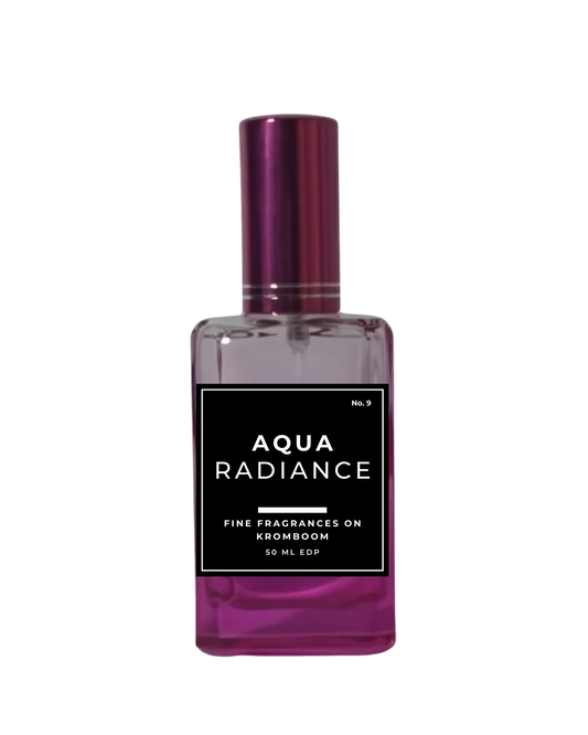 Perfume bottle labeled 'Aqua Radiance' on a white background by Fine Fragrances on Kromboom