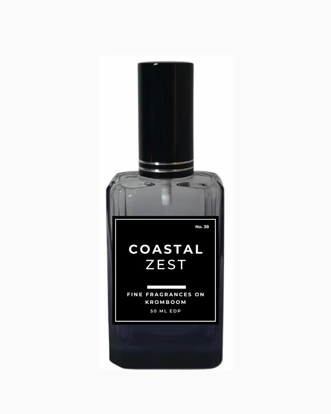 Perfume bottle labeled 'Coastal Zest, Fine Fragrances on Kromboom 50ml EDP' on a white background