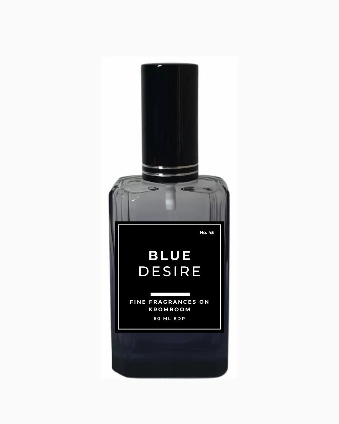 Perfume bottle labeled 'Blue Desire, Fine Fragrances on Kromboom 50ml EDP' on a white background