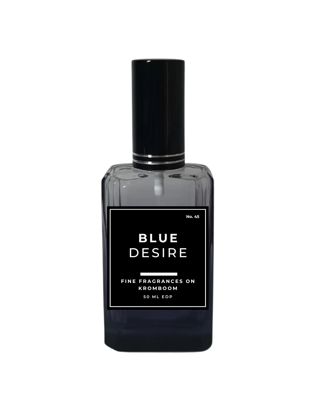 Perfume bottle labeled 'Blue Desire' on a white background by Fine Fragrances on Kromboom