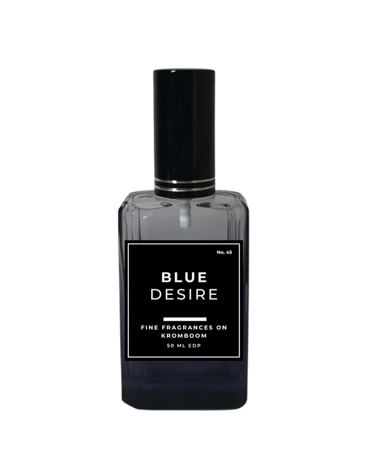 Perfume bottle labeled 'Blue Desire' on a white background by Fine Fragrances on Kromboom