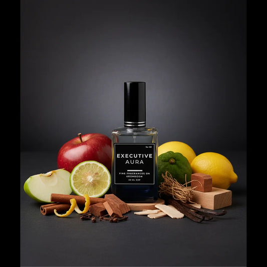 Perfume bottle labeled 'Executive Aura' surrounded by fruits and spices on a dark background