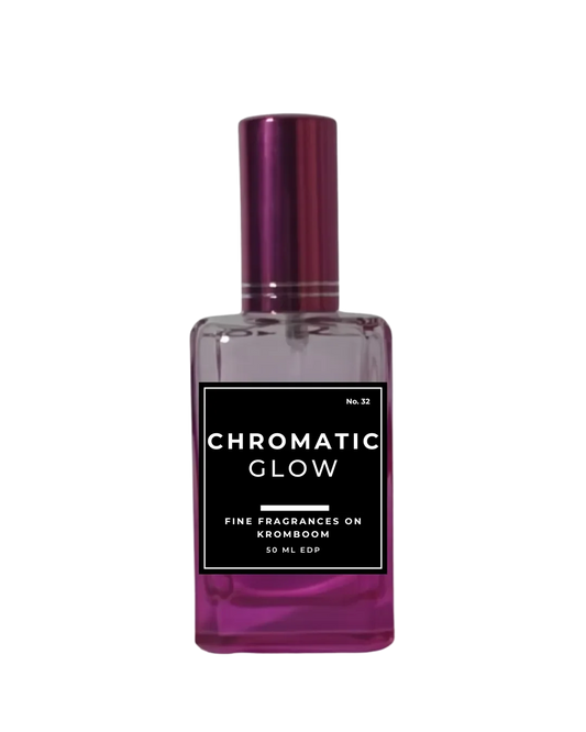 Perfume bottle labeled 'Chromatic Glow' on a white background by Fine Fragrances on Kromboom