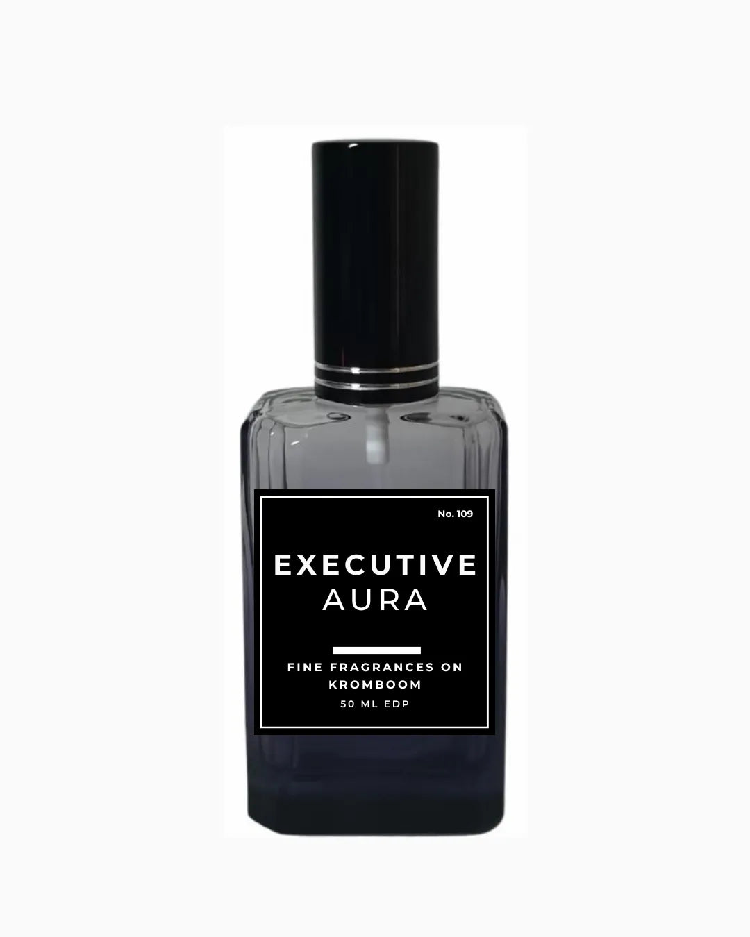Perfume bottle labeled 'Executive Aura, Fine Fragrances on Kromboom 50ml EDP' on a white background