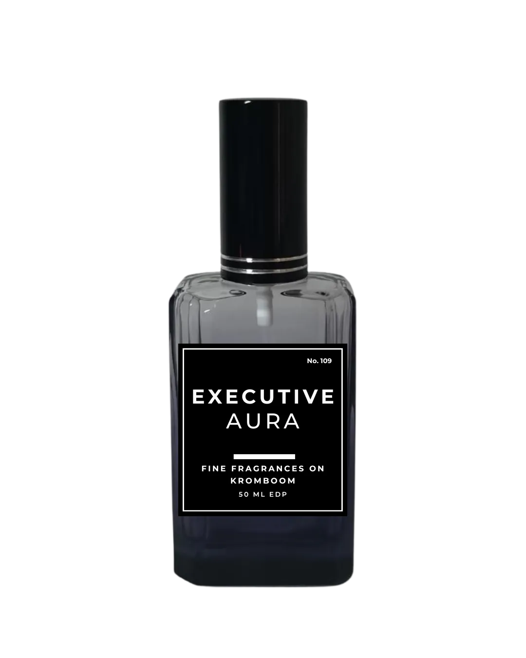 Perfume bottle labeled 'Executive Aura' on a white background by Fine Fragrances on Kromboom
