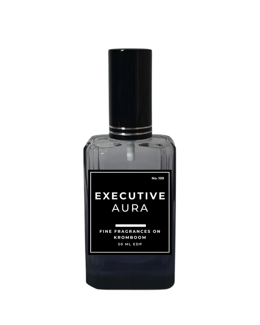 Perfume bottle labeled 'Executive Aura' on a white background by Fine Fragrances on Kromboom