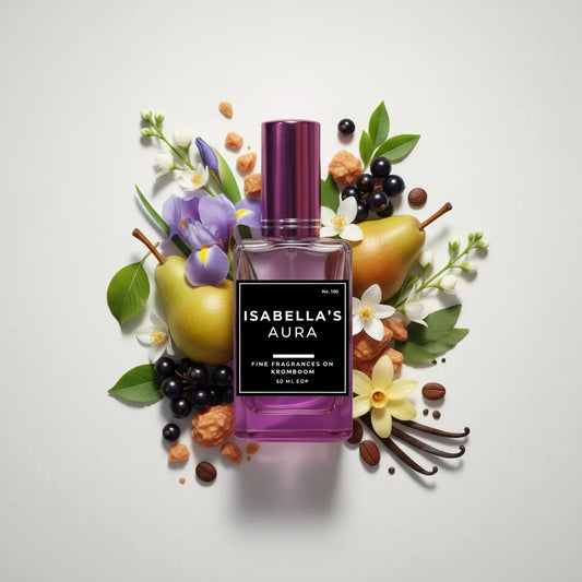 Perfume bottle labeled 'Isabella's Aura' surrounded by fruits, flowers, and leaves on a light background