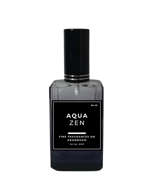 Perfume bottle labeled 'Aqua Zen' on a white background by Fine Fragrances on Kromboom
