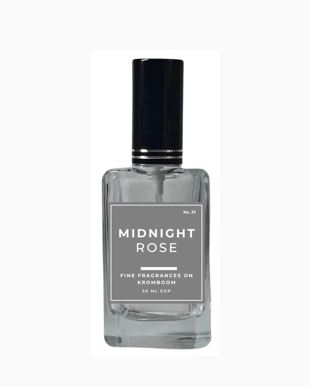 Perfume bottle labeled 'Midnight Rose, Fine Fragrances on Kromboom 50ml EDP' on a white background