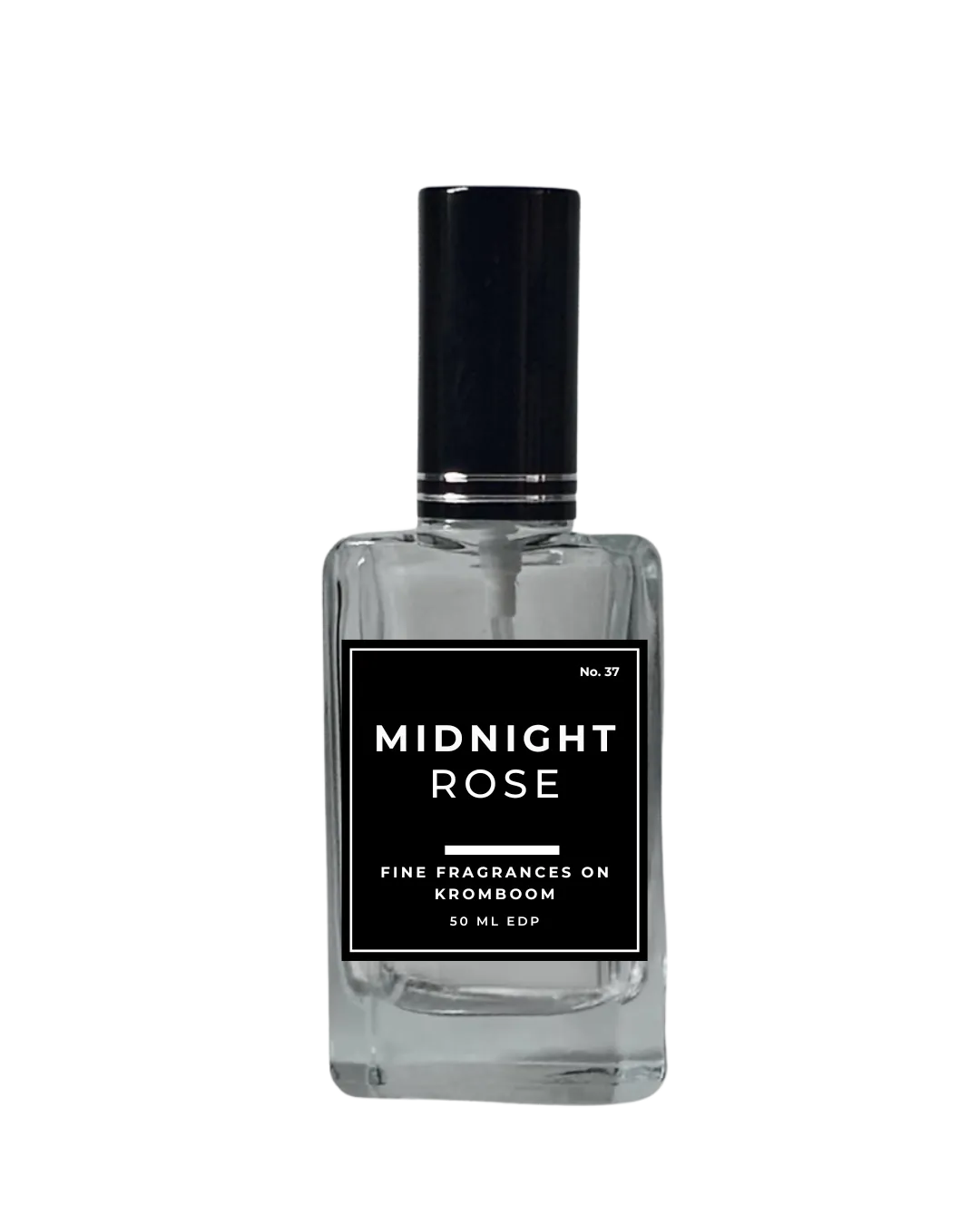 Perfume bottle labeled 'Midnight Rose' on a white background by Fine Fragrances on Kromboom