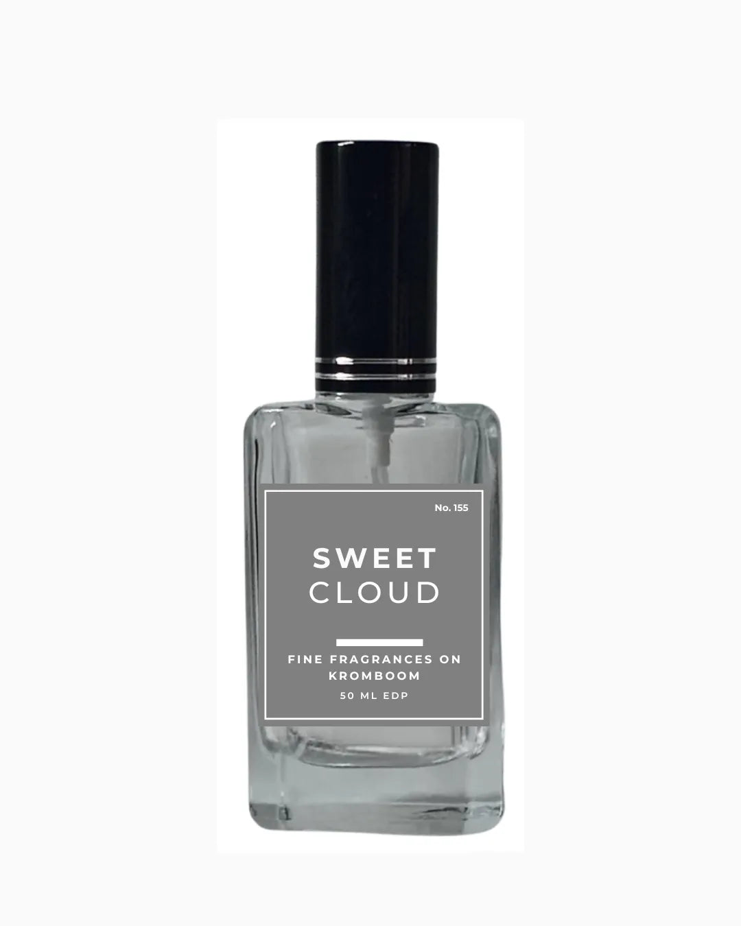 Perfume bottle labeled 'Sweet Cloud, Fine Fragrances on Kromboom 50ml EDP' on a white background