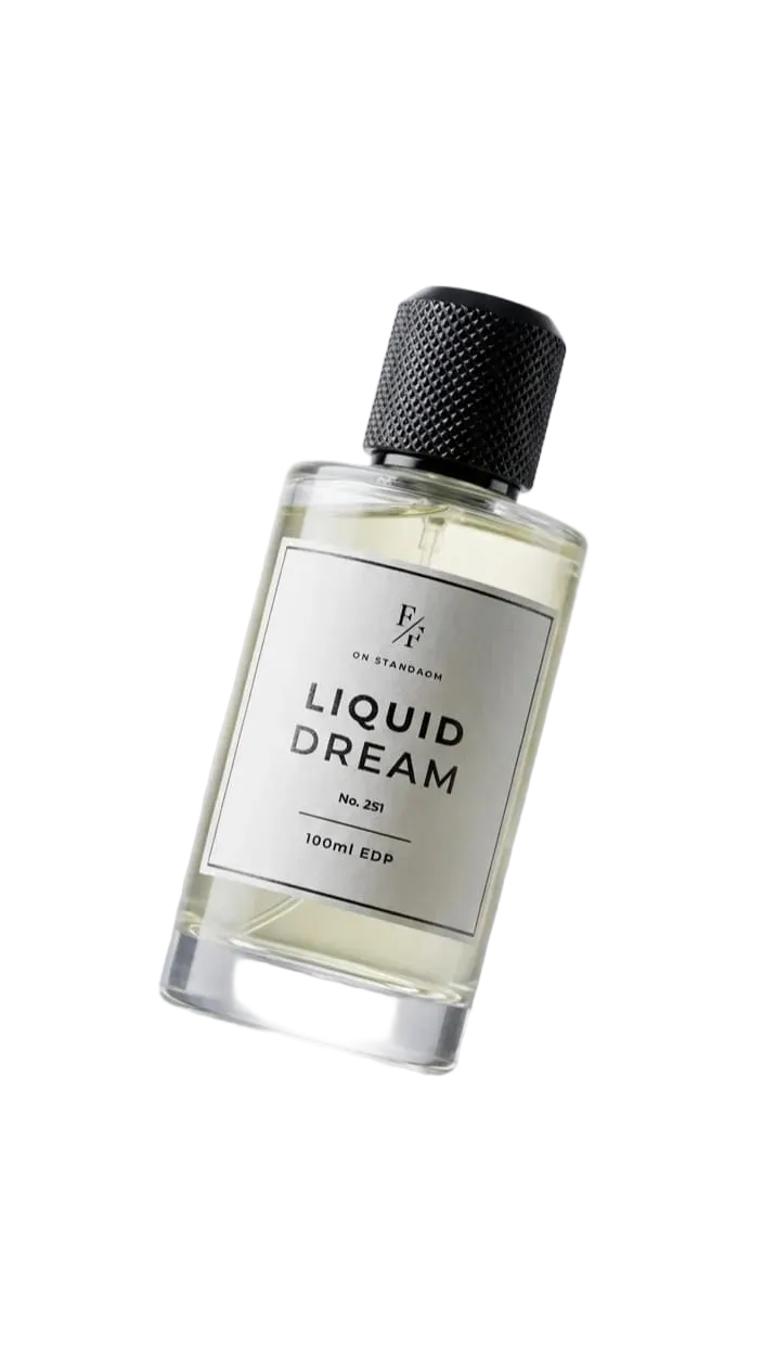 Bottle of 'Liquid Dream' perfume on a white background