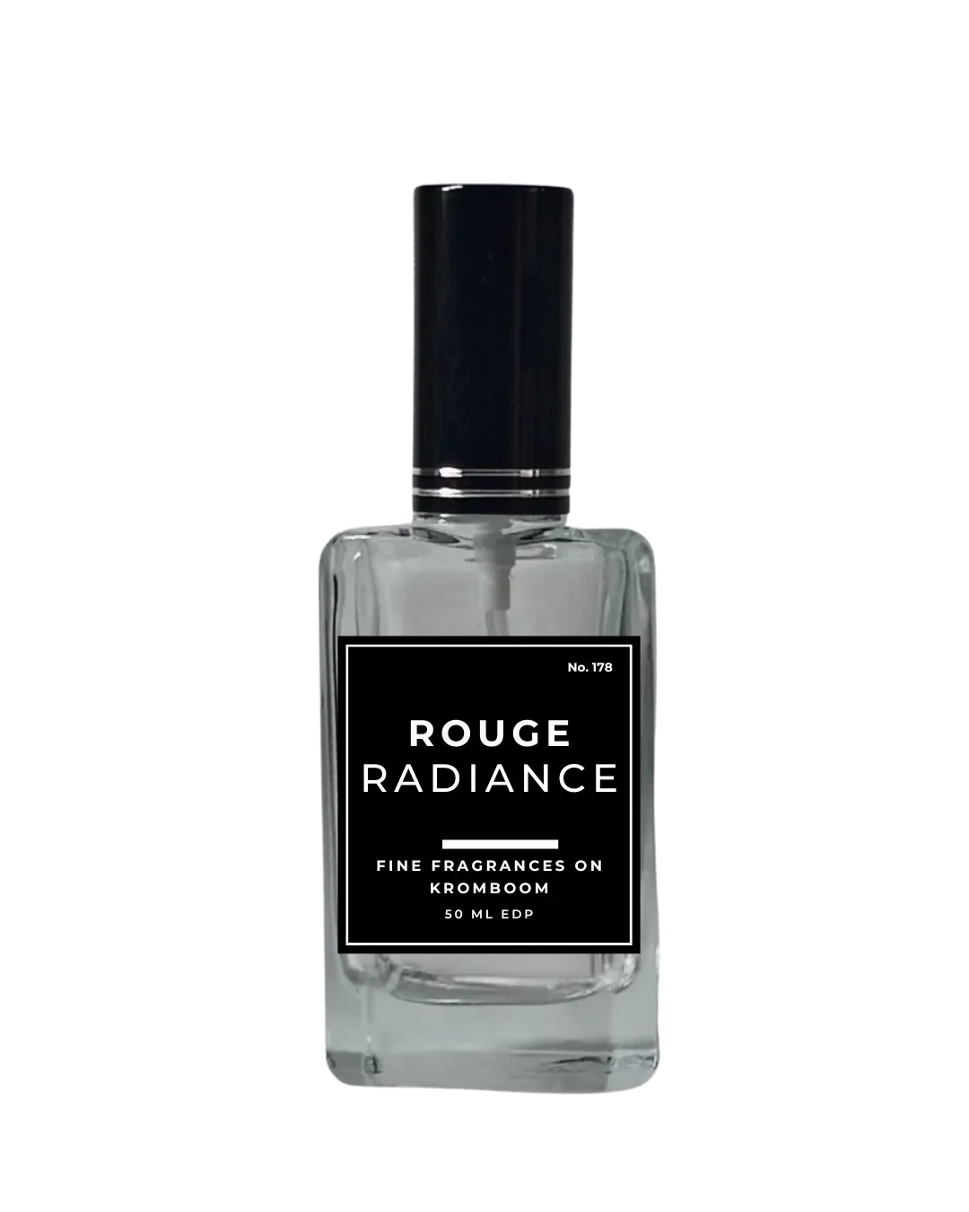 Perfume bottle labeled 'Rouge Radiance' on a white background by Fine Fragrances on Kromboom