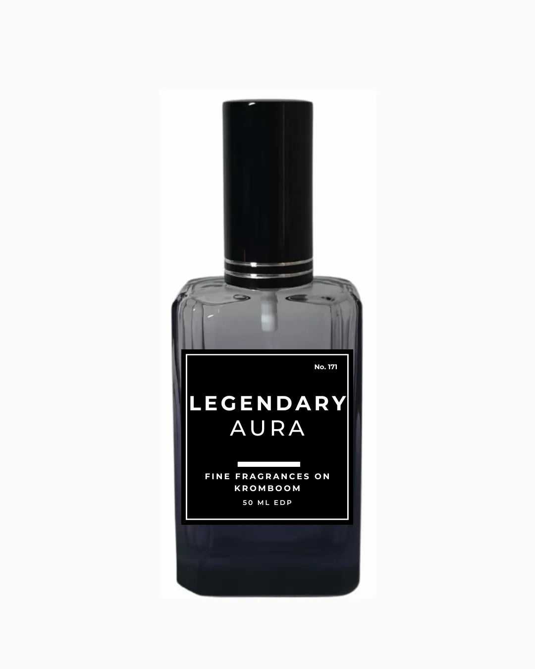 Perfume bottle labeled 'Legendary Aura, Fine Fragrances on Kromboom 50ml EDP' on a white background