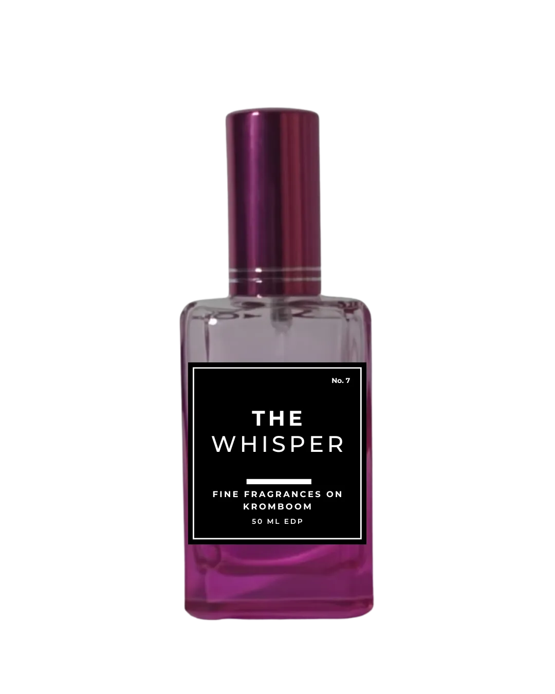 Perfume bottle labeled 'The Whisper' on a white background by Fine Fragrances on Kromboom