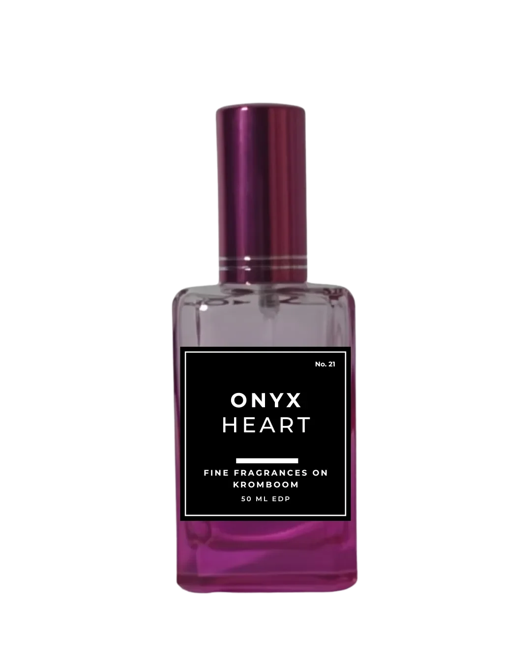 Perfume bottle labeled 'Onyx Heart' on a white background by Fine Fragrances on Kromboom