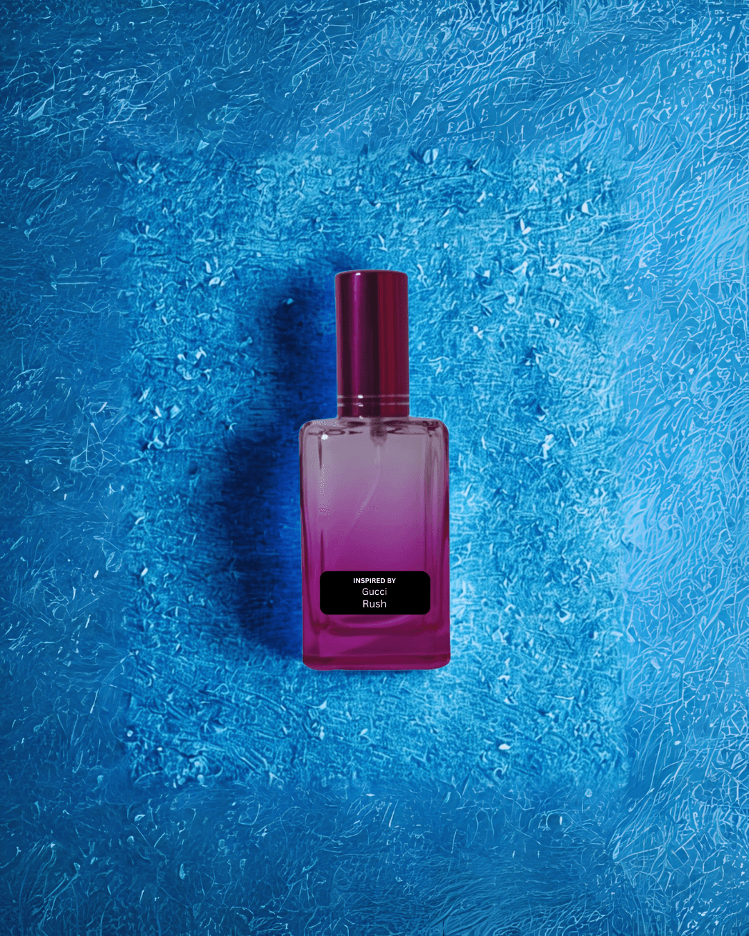Fruity floral women’s perfume bottle – inspired by Gucci Rush by Fine Fragrances on Kromboom on a textured blue background