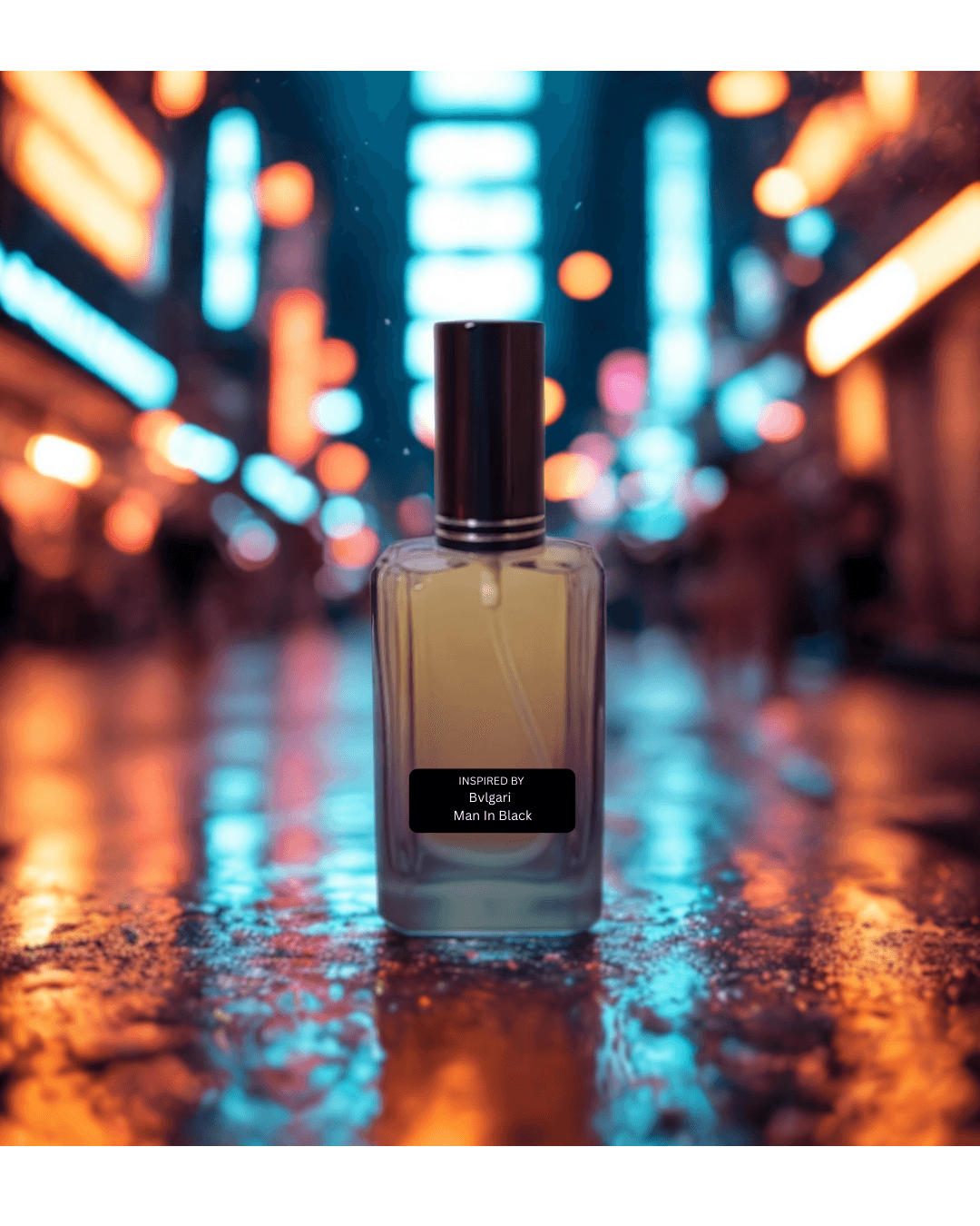 Spicy amber men’s perfume bottle – bold winter fragrance by Fine Fragrances on Kromboom with a blurred city street in the background