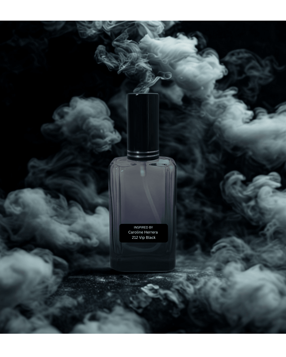Seductive woody men’s perfume bottle – inspired by 212 VIP Black by Fine Fragrances on Kromboom with smoke effect on a dark background
